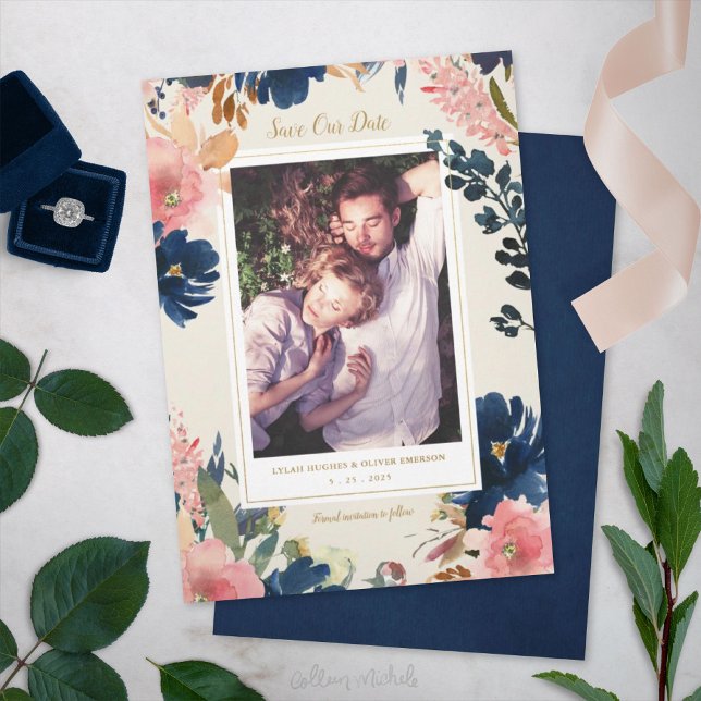 Wild Elegance | Navy Blush & Gold Save the Date Announcement (Creator Uploaded)