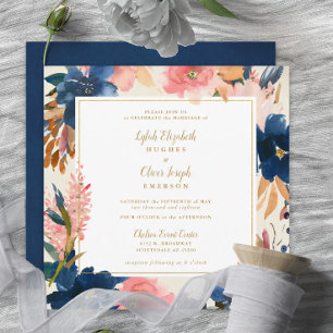 Wild Elegance   Navy Blush & Gold Square Wedding I Invitation
