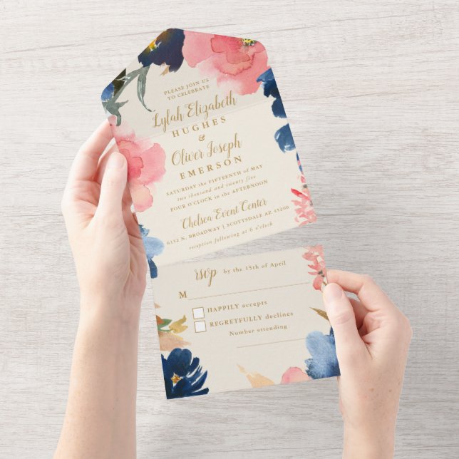Wild Elegance | Navy Blush & Gold Wedding All In One Invitation (Tearaway)