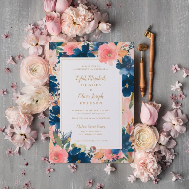 Wild Elegance | Navy Blush & Gold Wedding Invitation (Creator Uploaded)
