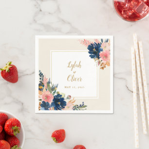 Wild Elegance   Navy Blush & Gold Wedding Napkin