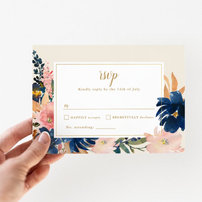 Wild Elegance | Navy Blush & Gold Wedding RSVP Card (Creator Uploaded)