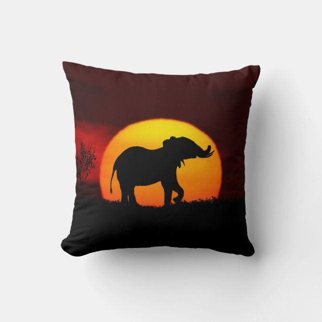Wild elephant silhouette & sunrise on a jungle cushion (Front)
