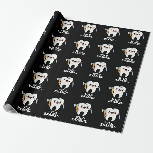 Wild Enamel Funny Wild Animal Tooth Pun Dark BG Wrapping Paper (Unrolled)
