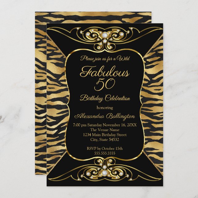 Wild Fabulous 50 Birthday Party Black Gold Tiger  Invitation (Front/Back)