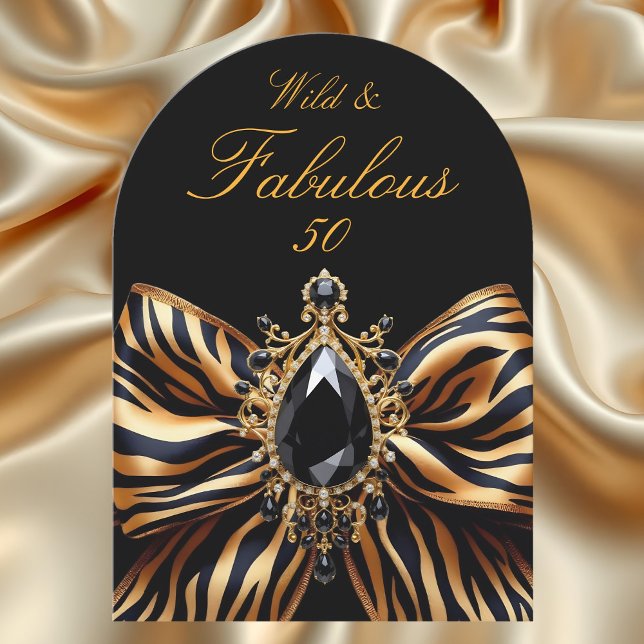Wild Fabulous 50 Birthday Zebra Bow Black Jewel Invitation (Creator Uploaded)