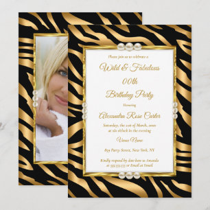 Wild & fabulous Gold Black zebra Photo Birthday Invitation