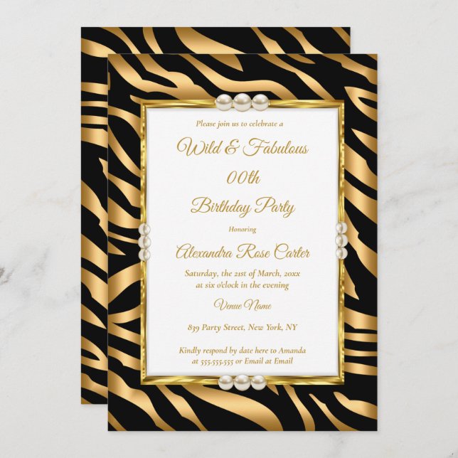 Wild & fabulous Gold Black zebra Photo Birthday Invitation (Front/Back)