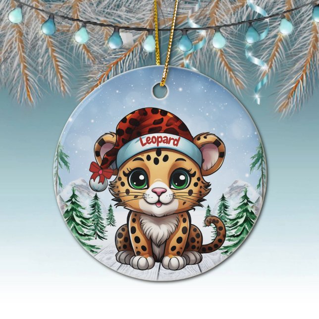 Wild Feline Lovers Woodland Wildlife Kitten 🐆🐈🐾 Ceramic Ornament (Custom Name Leopard Christmas Ornament Personalizable Cat Xmas Decor Kitty Holiday Decoration 🐆🎄)
