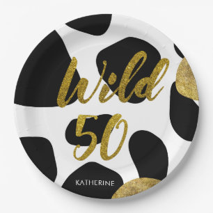 Wild Fifty Gold Animal Pattern Monogram Paper Plate