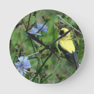 Wild Finch Goldfinch Flowers Floral Bird Round Clock