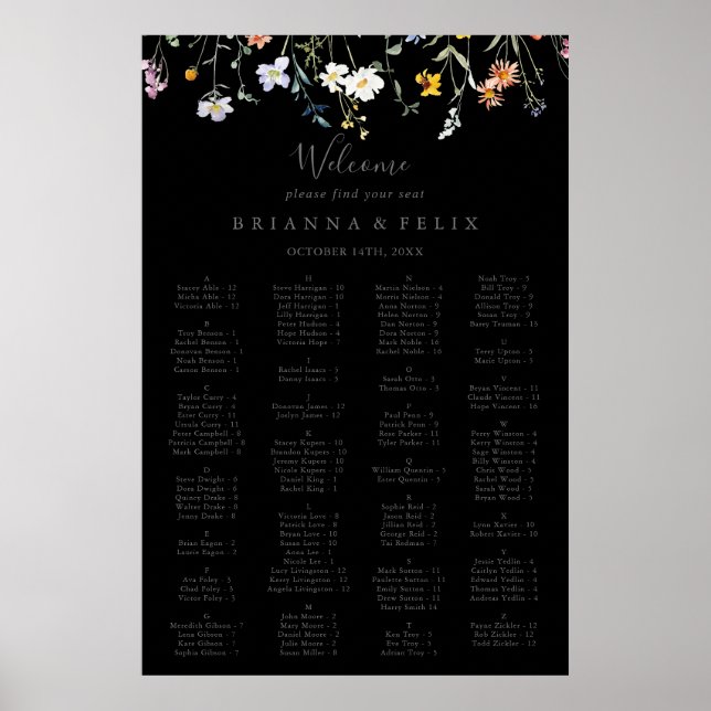 Wild Floral Black Alphabetical Seating Chart (Front)