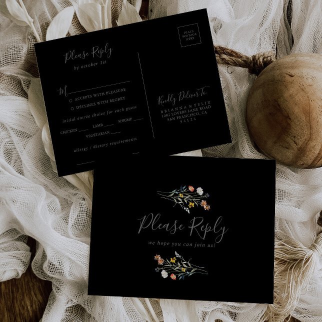 Wild Floral Black Menu Choice RSVP Postcard (Creator Uploaded)