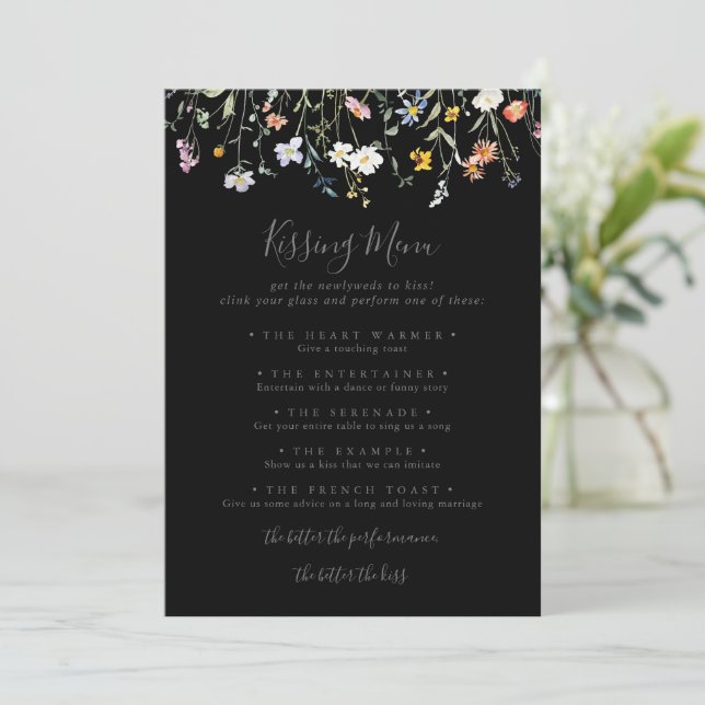 Wild Floral Black Wedding Kissing Menu Game Card (Standing Front)