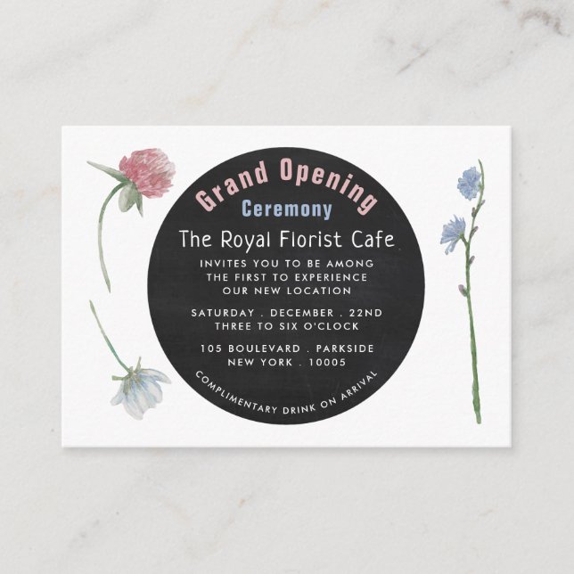 Wild Floral Chalkboard, Grand Opening Ceremony Enclosure Card (Front)
