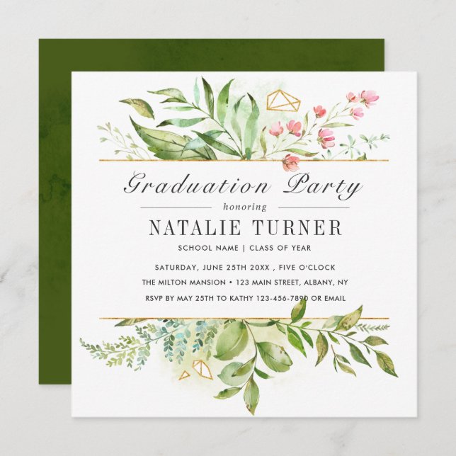 Wild Floral Green Foliage Graduation Party Invitation (Front/Back)
