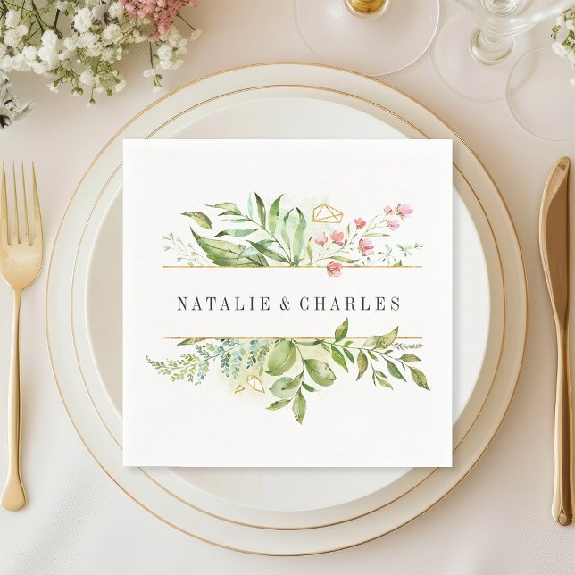 Wild Floral Green Foliage Personalised Wedding Napkin (Creator Uploaded)