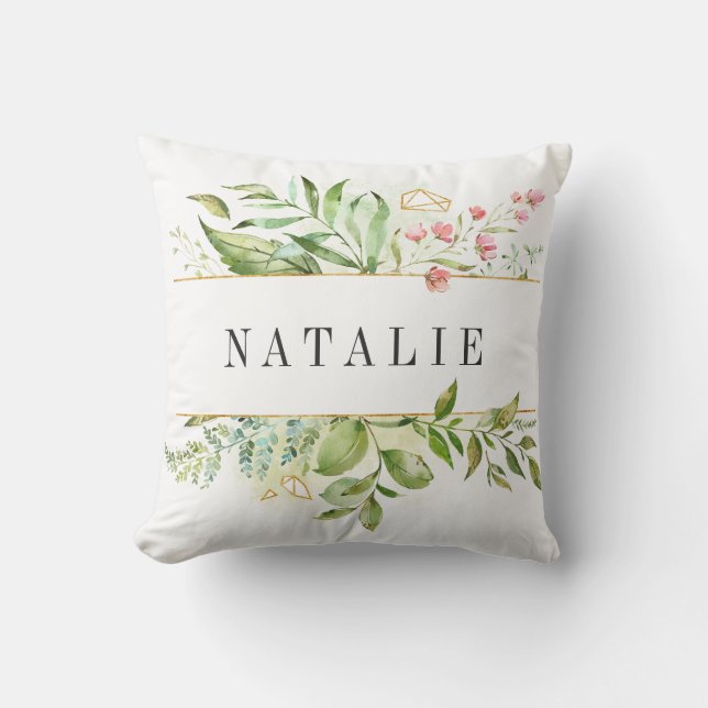Wild Floral Green Foliage Watercolor Personalised Cushion (Front)