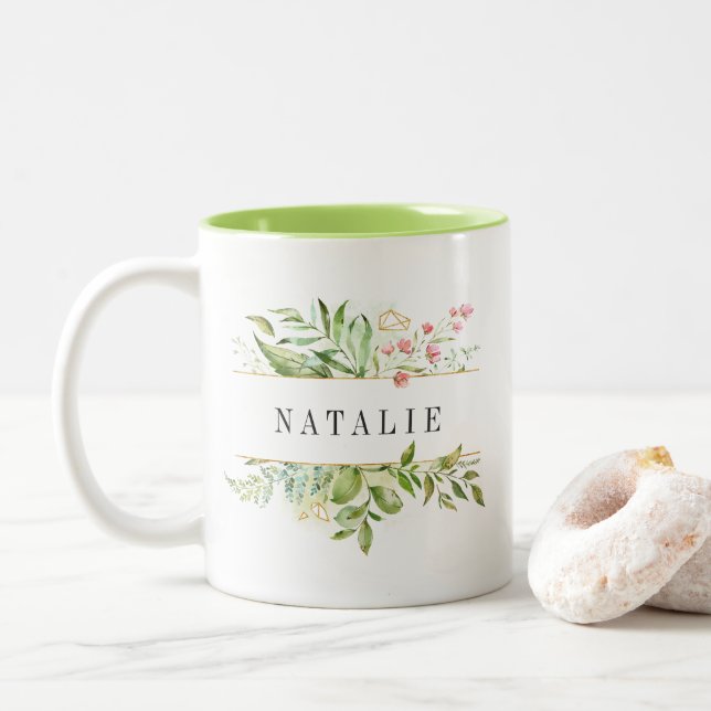 Wild Floral Green Foliage Watercolor Personalised Two-Tone Coffee Mug (With Donut)