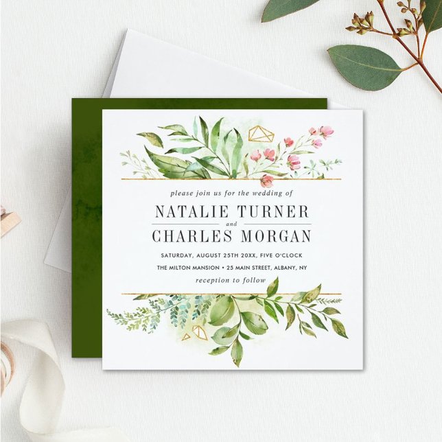 Wild Floral Green Foliage Wedding Invitation (Creator Uploaded)