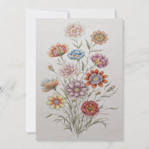 Wild Flower Bouquet Pretty Colour Pencils Drawing Holiday Card
