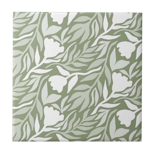 Wild Flower Cascade White & Moss Green Ceramic Tile (Front)