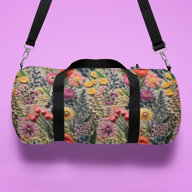 Wild Flower Faux Embroidery Floral Pattern Duffle Bag (Creator Uploaded)