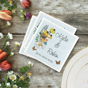 Wild Flower Floral Blue Mushrooms Wedding Napkin