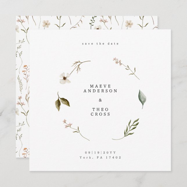  Wild flower floral elegant minimal save the date (Front/Back)