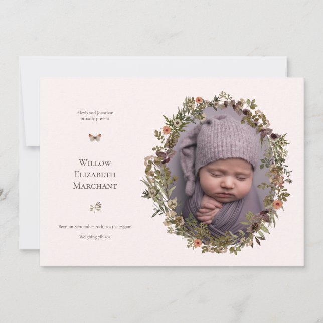 Wild Flower Frame New Baby Birth Announcement (Front)