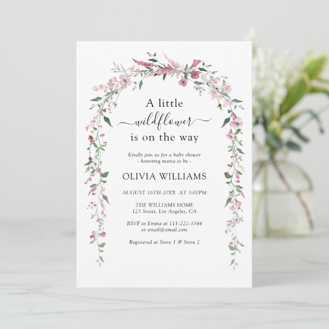 Wild Flower Meadow Dusty Rose Girl Baby Shower Invitation (Standing Front)