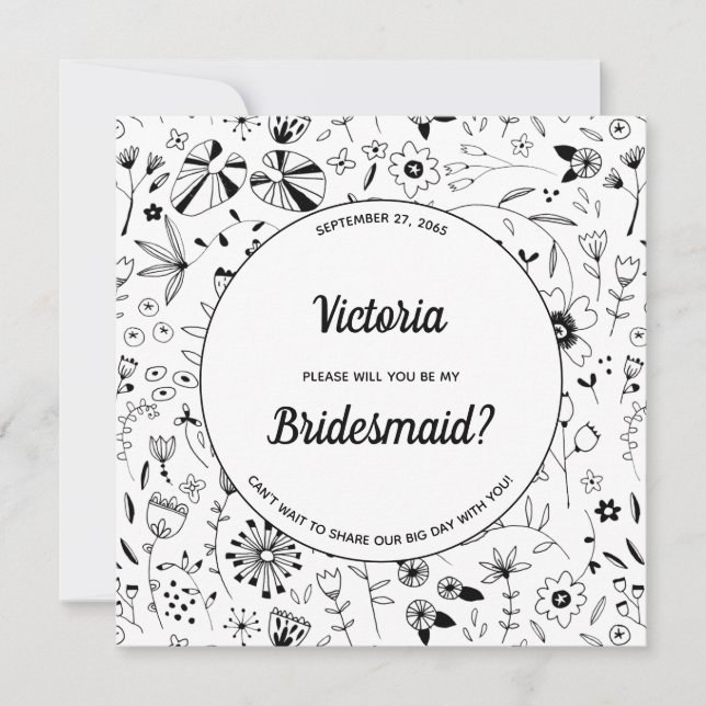 Wild Flower Monochrome Modern Be My Bridesmaid Invitation (Front)