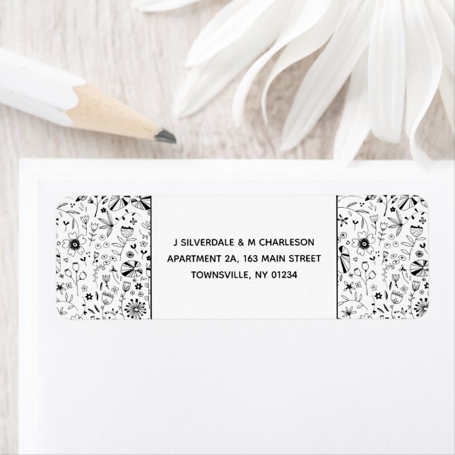 Wild Flower Monochrome Modern Return Address Label (Insitu)