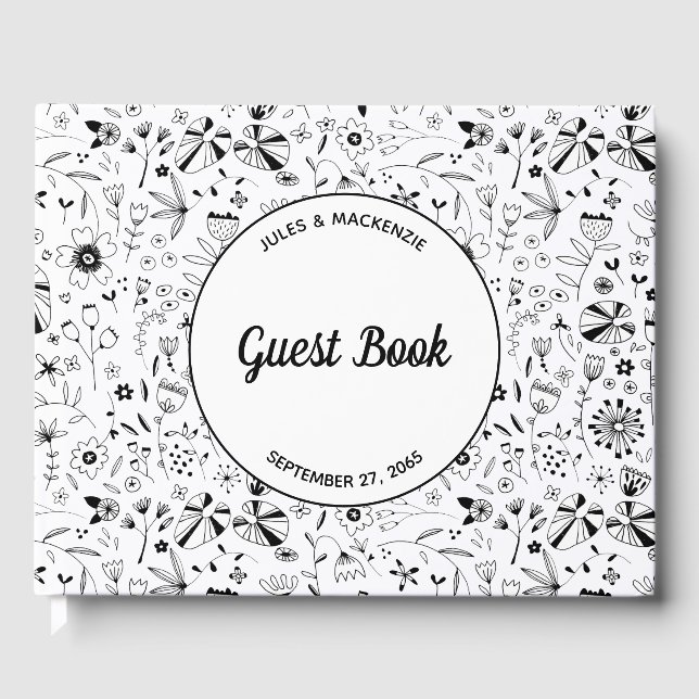 Wild Flower Monochrome Modern Wedding Guest Book (Front)