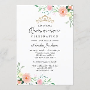 Wild Flower Peach Pink Floral Quinceanera Invite
