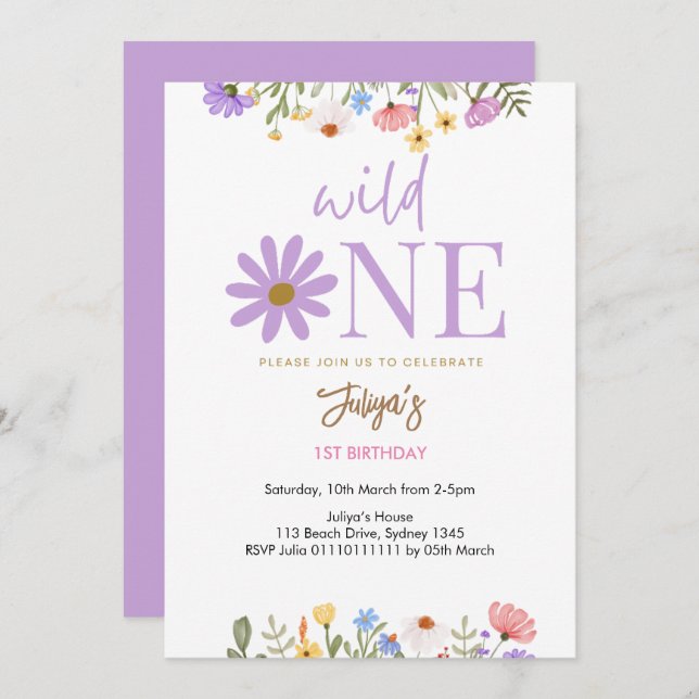 wild flower purple 1st Birthday   Invitation (Front/Back)