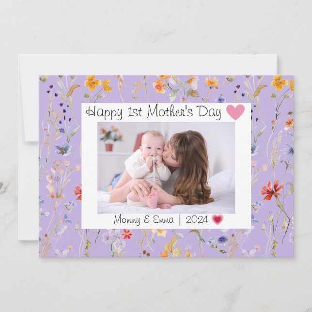 Wild flower purple First Mother's Day Photo Thank You Card (Front)