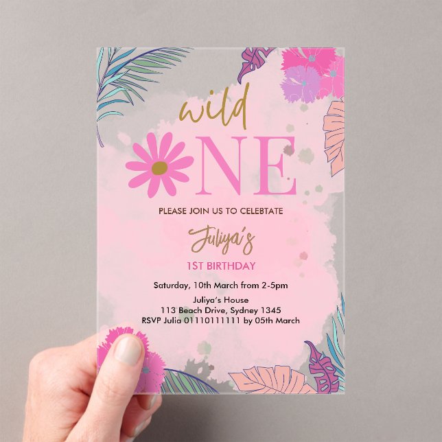 Wild flower tropical leaf baby girl 1st Birthday   Acrylic Invitations (Insitu (Handheld))