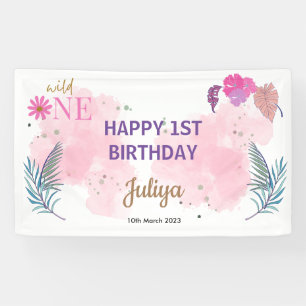 wild flower tropical leaf baby girl 1st Birthday   Banner
