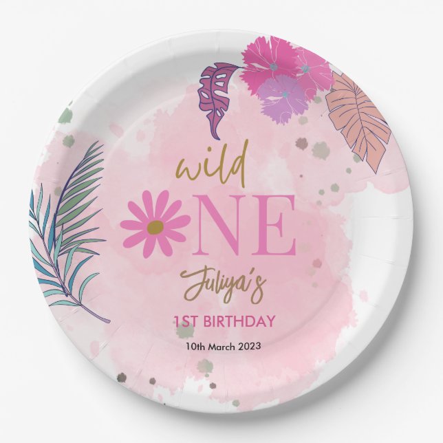 Wild flower tropical leaf baby girl 1st Birthday   Paper Plate (Front)