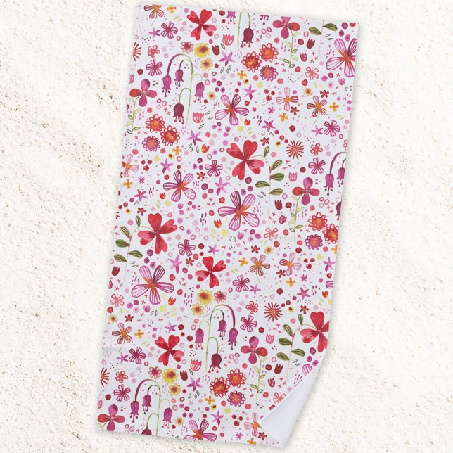 Wild Flower Watercolor Beach Towel (Modern watercolor floral pink and white art beach towel)
