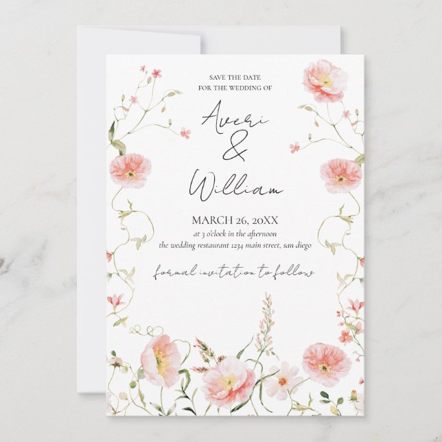 Wild Flower Watercolour Modern Boho Wedding Save The Date (Front)