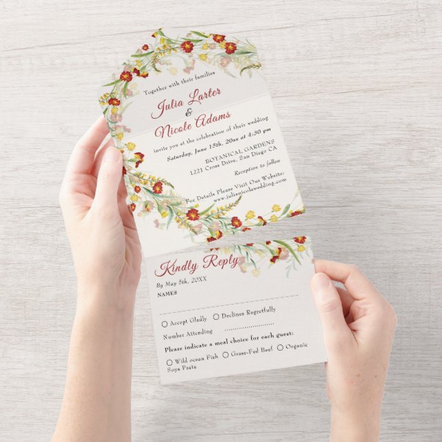 Wild Flower Yellow Marigold Foliage Wedding All In One Invitation (Tearaway)