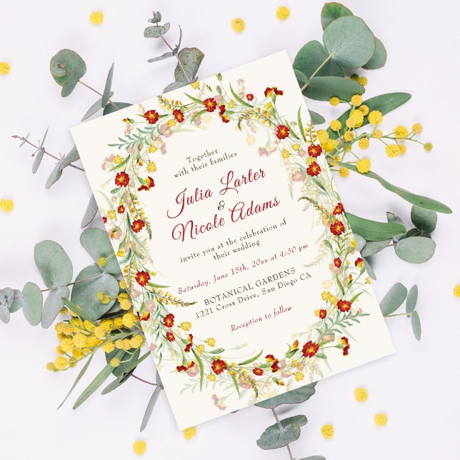 Wild Flower Yellow Marigold Foliage Wedding Invitation (Creator Uploaded)