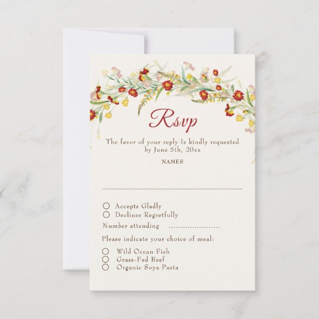 Wild Flower Yellow Marigold Foliage Wedding RSVP Card (Front)