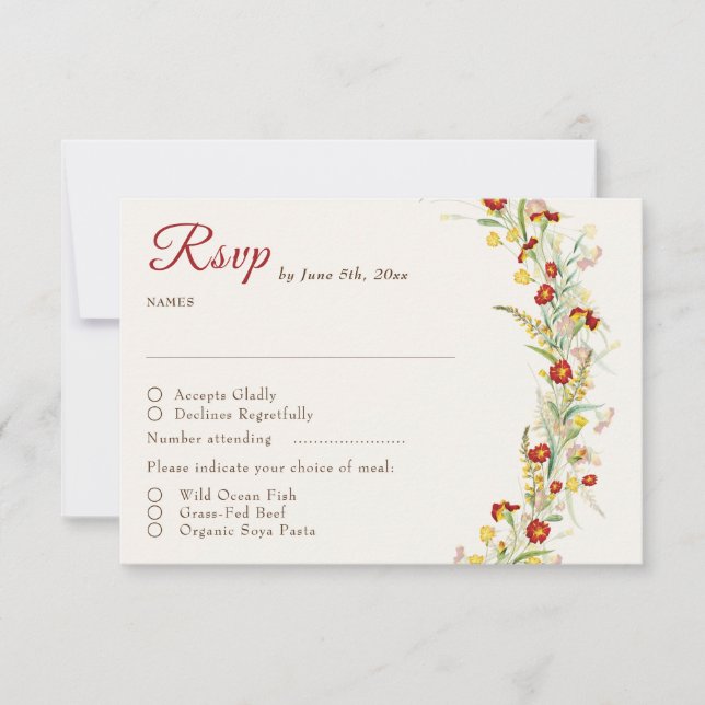 Wild Flower Yellow Marigold Foliage Wedding RSVP Card (Front)