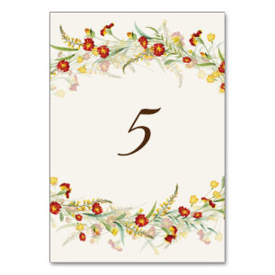 Wild Flower Yellow Marigold Foliage Wedding Table Number