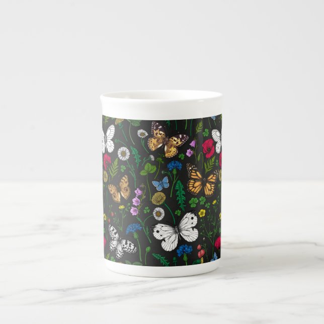 Wild flowers and butterflies on black bone china mug (Front)