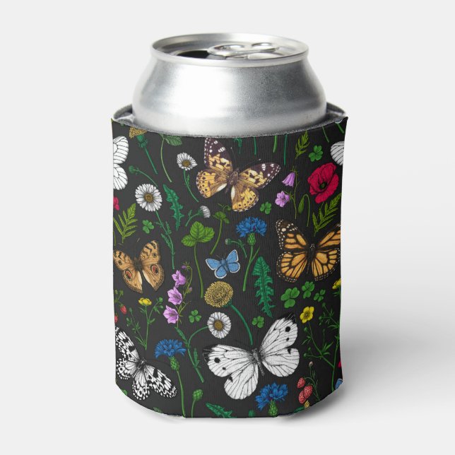 Wild flowers and butterflies on black can cooler (Can Front)