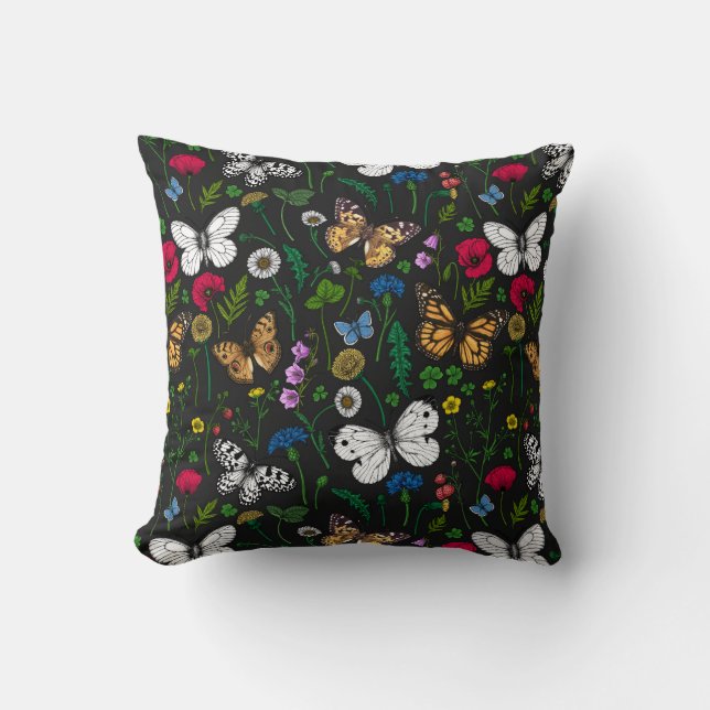 Wild flowers and butterflies on black cushion (Front)